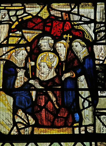 Window s2 depicting a bishop kneeling before a king (stained glass)