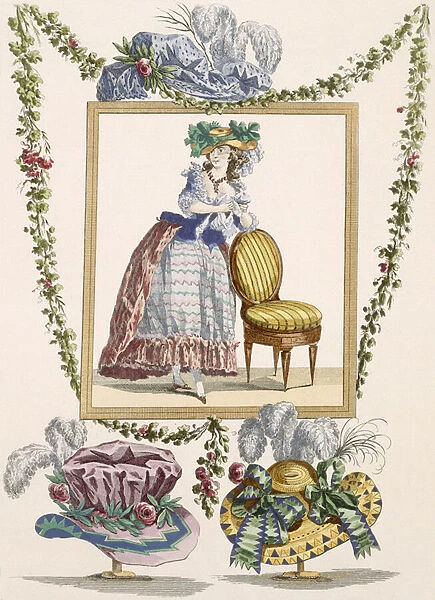 Woman in elegant day dress with hat, engraving by Duhamel, plate no