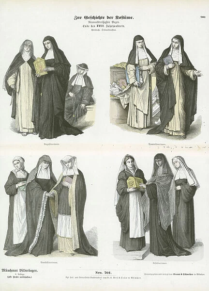 Womens costumes of Christian religious orders, late 18th Century (coloured engraving)