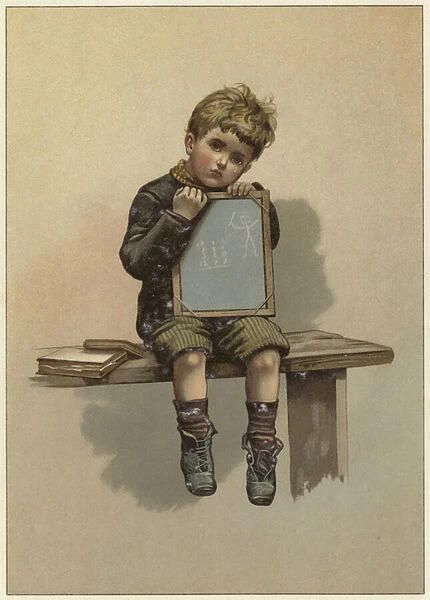 A young boy sits crying as he rests his chin on a chalkboard (colour litho)