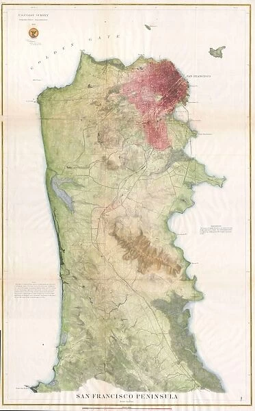 1869, U. S. C. S. Map of the San Francisco Peninsula, topography, cartography, geography