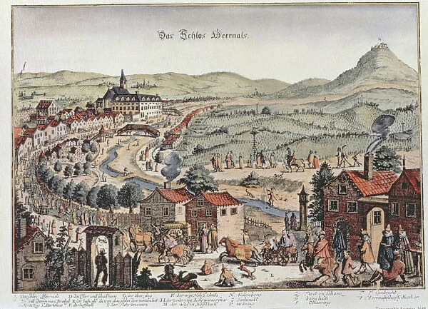 View of the north of Vienna with Schloss Hernals and Kahlenberg hills, colored engraving