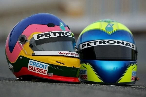 Formula One Testing: The helmets of Jacques Villeneuve Sauber Petronas and Felipe Massa Sauber Petronas