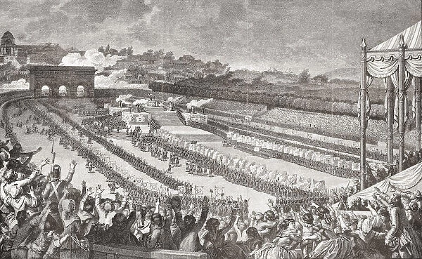 Celebration in the Champs-de-Mar, Paris, July 14, 1799 of the first anniversary of the storming of the Bastille. The French national holiday of Bastille Day, July 14, continues to this day