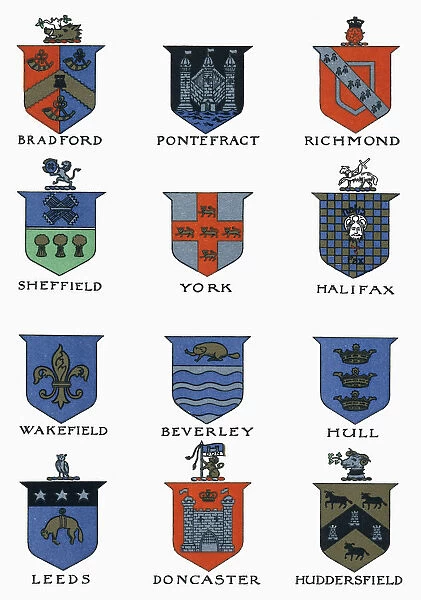 Coats Of Arms Of The Major Yorkshire Towns. From Picturesque History Of Yorkshire, Published C. 1900