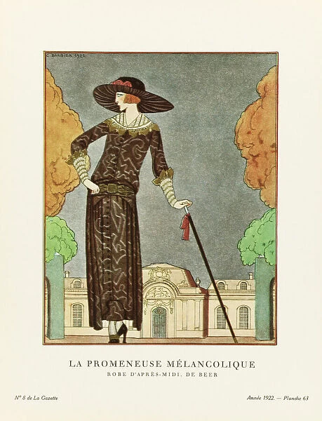 EDITORIAL La Promeneuse Melancolique. The Melancholy Walker. Robe d apres-midi, de Beer. Afternoon dress by Beer. Art-deco fashion illustration by French artist George Barbier, 1882-1932. The work was created for the Gazette du Bon Ton, a Parisian fashion magazine published between 1912-1915 and 1919-1925