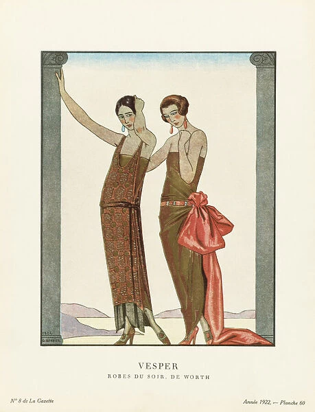 EDITORIAL Vesper. Evening. Robes du Soir, de Worth. Evening dresses by Worth. Art-deco fashion illustration by French artist George Barbier, 1882-1932. The work was created for the Gazette du Bon Ton, a Parisian fashion magazine published between 1912-1915 and 1919-1925