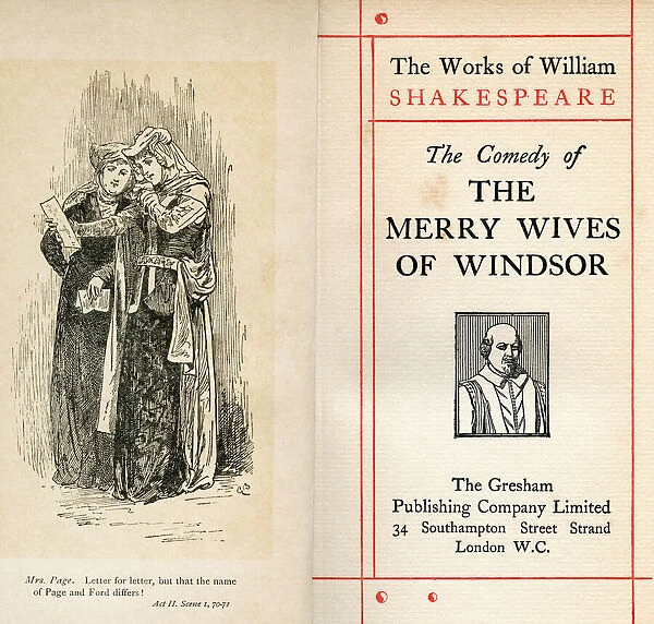 Frontispiece and title page from the Shakespeare play The Merry Wives of Windsor. Act II. Scene 1. Mrs Page, 'Letter for letter, but that the name of Page and Ford differs'. From The Works of William Shakespeare, published c. 1900