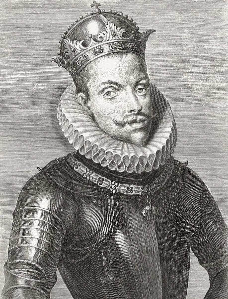 King Philip III of Spain and as Philip II, King of Portugal, 1578 - 1621. Felipe III in Spanish. Filipe II, in Portuguese. Nicknamed the Pious. After a 17th century engraving