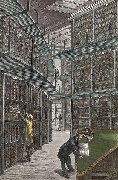 Library at the British Museum, London, England. After a print from the 1860s from a work by C. Dammann