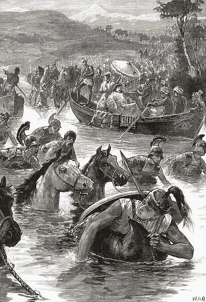 The Macedonians of Alexander the Great crossing the Jaxartes or Syr Darya river, at The Battle of Jaxartes, 329 BC. From Cassells Universal History, published 1888