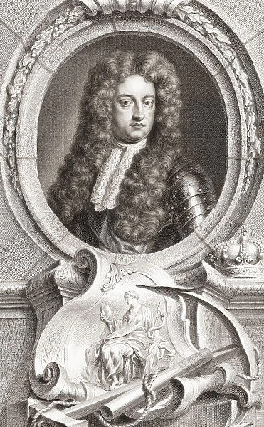 Prince George of Denmark and Norway, Duke of Cumberland, 1653 - 1708. Husband of Queen Anne of Great Britain. From the 1813 edition of The Heads of Illustrious Persons of Great Britain, Engraved by Mr. Houbraken and Mr. Vertue With Their Lives and Characters