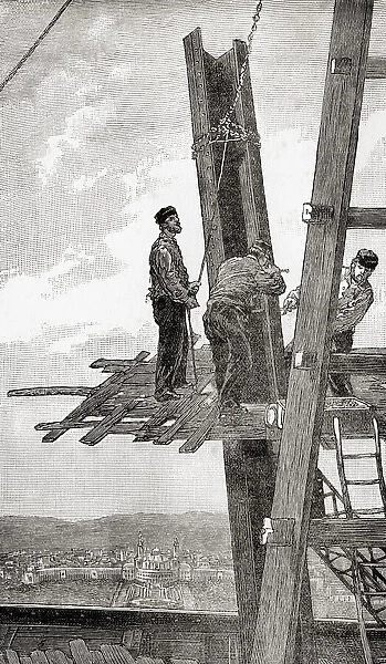 Workers placing a girder in position on the Eiffel Tower, Champ de Mars, Paris, France, late 19th century. From Great Engineers, published c. 1890