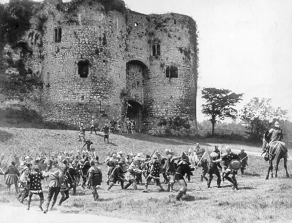 Filming of silent film Ivanhoe, on location at Chepstow Castle (Welsh: Cas-gwent)