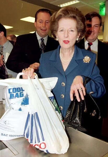 Margaret Thatcher former Conservative Prime Minister holding a Tesco plastic carrier bag