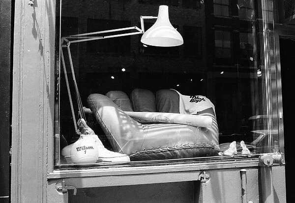 Novelty Baseball Themed Sofa, seen in shop window of store, New York, USA, June 1984