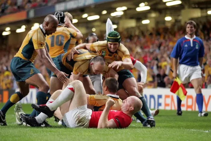 Framed Print : Australia Players Celebrate Chris Latham Try