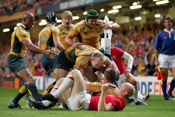 Framed Print : Australian Players Celebrate Chris Latham Try