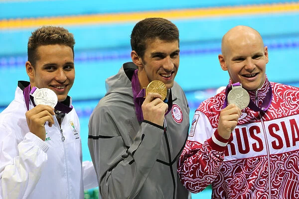 Chad Le Clos, Michael Phelps and Evegney Korotyshkin