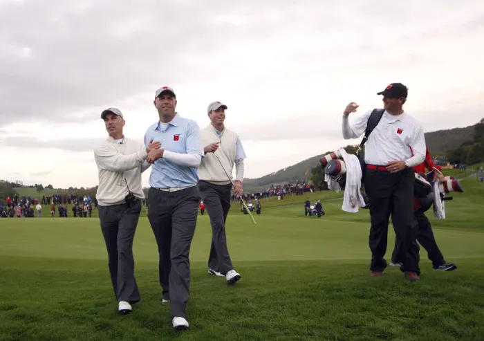 Framed Print : Corey Pavin Congratulates Stewart Cink After Birdie On 10th