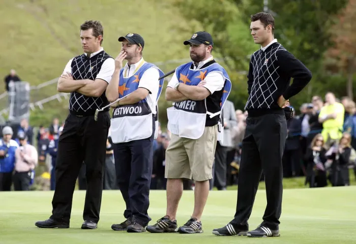 Framed Print : Lee Westwood & Martin Kaymer With Caddies After Halfing