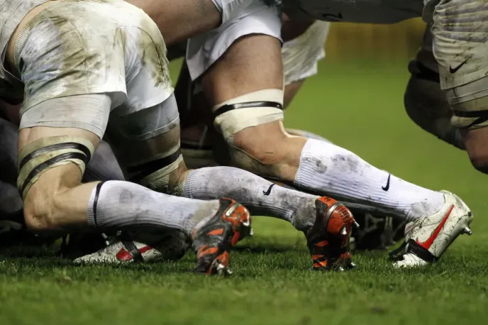 Framed Print : Rugby Players Taped Legs In Scrum Framed Print : Rugby Players Taped Legs In Scrum