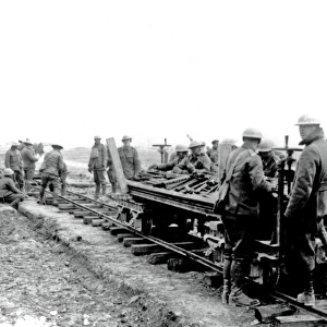 British soldiers constructing light railway, WW1