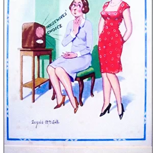 Comic postcard, Two women listen to radio - Housewives Choice Date: 20th century