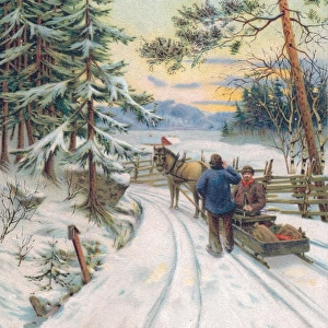 Country lane with snow on a Christmas card