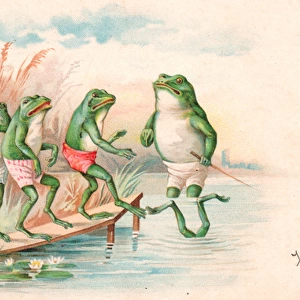 Frogs having a swimming lesson on a greetings postcard