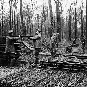 Men laying new light railway, Western Front, WW1
