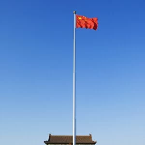 Chinese National flag infront of the Gate of Heavenly Peace in Tiananmen Square Beijing China