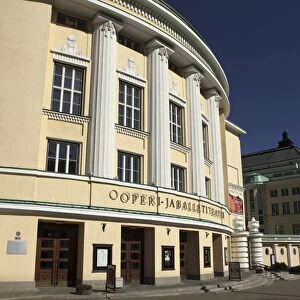 The facade of the Estonian National Opera house, opened in 1913 and rebuilt following Soviet destruction, in Tallinn, Estonia, Europe