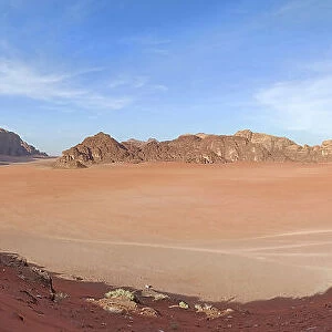 Wide panorama of the plain of Wadi Rum desert, Jordan, Middle East