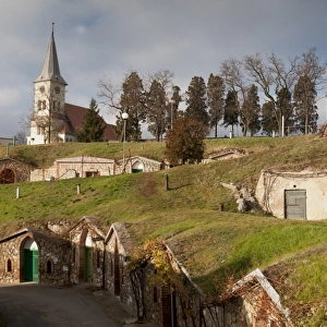 Wine cellars at wine cellar Straz location below Church of St. Gilles at village of Vrbice, Brnensko, Czech Republic, Europe