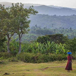 Africa, Uganda, Sipi Falls. Woman walking through the rural landscape