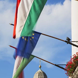 National Lutheran Museum and flags in Main Square, Sopron, Western Transdanubia, Hungary
