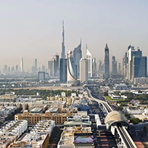 United Arab Emirates, Dubai, elevated view towards Sheikh Zayed Road and the modern