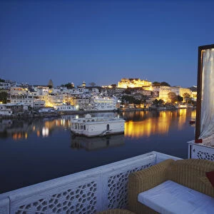 View of City Palace from rooftop restaurant at Lake Pichola Hotel, Udaipur, Rajasthan