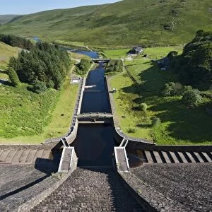 View of overflow from dam, Claerwen Reservoir, Elan Valley, Powys, Wales, July