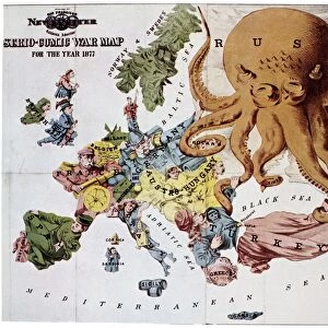 ANTI-RUSSIAN MAP, 1877. Serio-Comic War Map for the Year 1877. Satirical map featuring the personified nations of Europe warily regarding an expansionist Russia, caricatured as a grasping octopus, at the time of the Russo-Turkish War. From an American newspaper of 1877, after Frederick