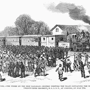 GREAT RAILROAD STRIKE, 1877. Strikers stopping the Erie Railroad train carrying the second detachment of New York State National Guardsmen, at Corning, New York, 23 July 1877