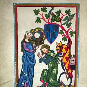 MINNESINGER, 14th CENTURY. The minnesinger Schenke von Limburg in an illumination from the early 14th century great Heidelberg Lieder manuscript
