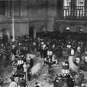 NEW YORK STOCK EXCHANGE. Taking photographs being forbidden in 1907, this one was snapped with a camera concealed in the photographers sleeve to evade the exchange guards