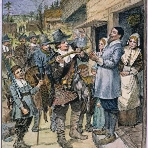 PILGRIMS: THANKSGIVING, 1621. After the first harvest of the colonists at Plymouth, in 1621, Governor Bradford sent four men out fowling, that they might after a more special manner rejoice together. American engraving, 19th century, drawn by W. F. Sheppard