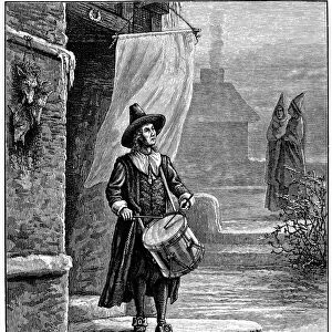 PURITAN CHURCH DRUMMER. In the absence of church bells, a drummer in 17th century New England summons Puritans to service. Wood engraving, 19th century