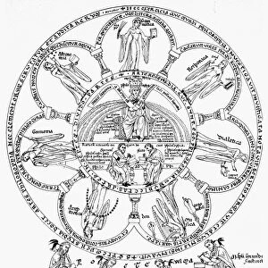 Seven liberal arts encircling philosophy, from which they all stem. Woodcut, 12th century