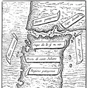 STRAITS OF MAGELLAN. Antonio Pigafettas map of the Straits of Magellan showing