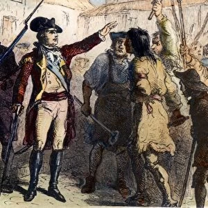 TRYON & REGULATORS, 1771. William Tryon (1729-1788), British colonial governor of North Carolina, suppressing the Regulators revolt in 1771. Line engraving, 19th century, after Felix O. C. Darley
