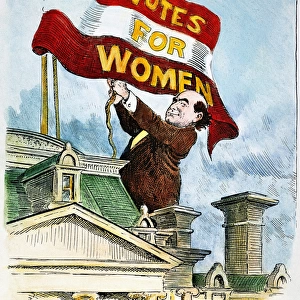 W. J. BRYAN CARTOON, c1915. The Latest Suffrage Recruit. American cartoon, c1915, by Clifford K. Berryman showing William Jennings Bryan hoisting a flag promoting womens suffrage over Washington, D. C